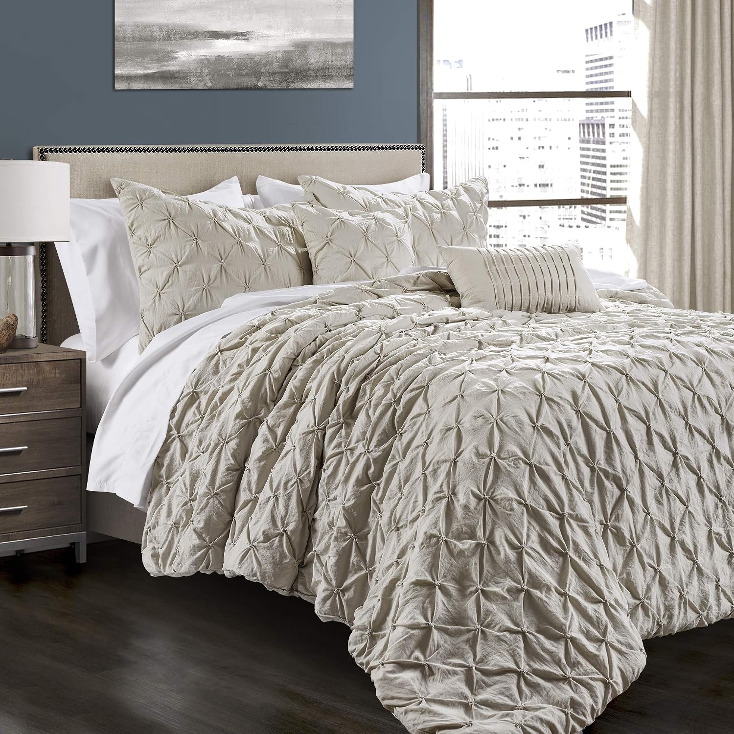 Lush Decor Ravello Pintuck Comforter Set - Luxe 5 Piece Textured Bedding Set - Traditional Glam & Farmhouse Inspired Bedroom Decor - Full/ Queen, Wheat