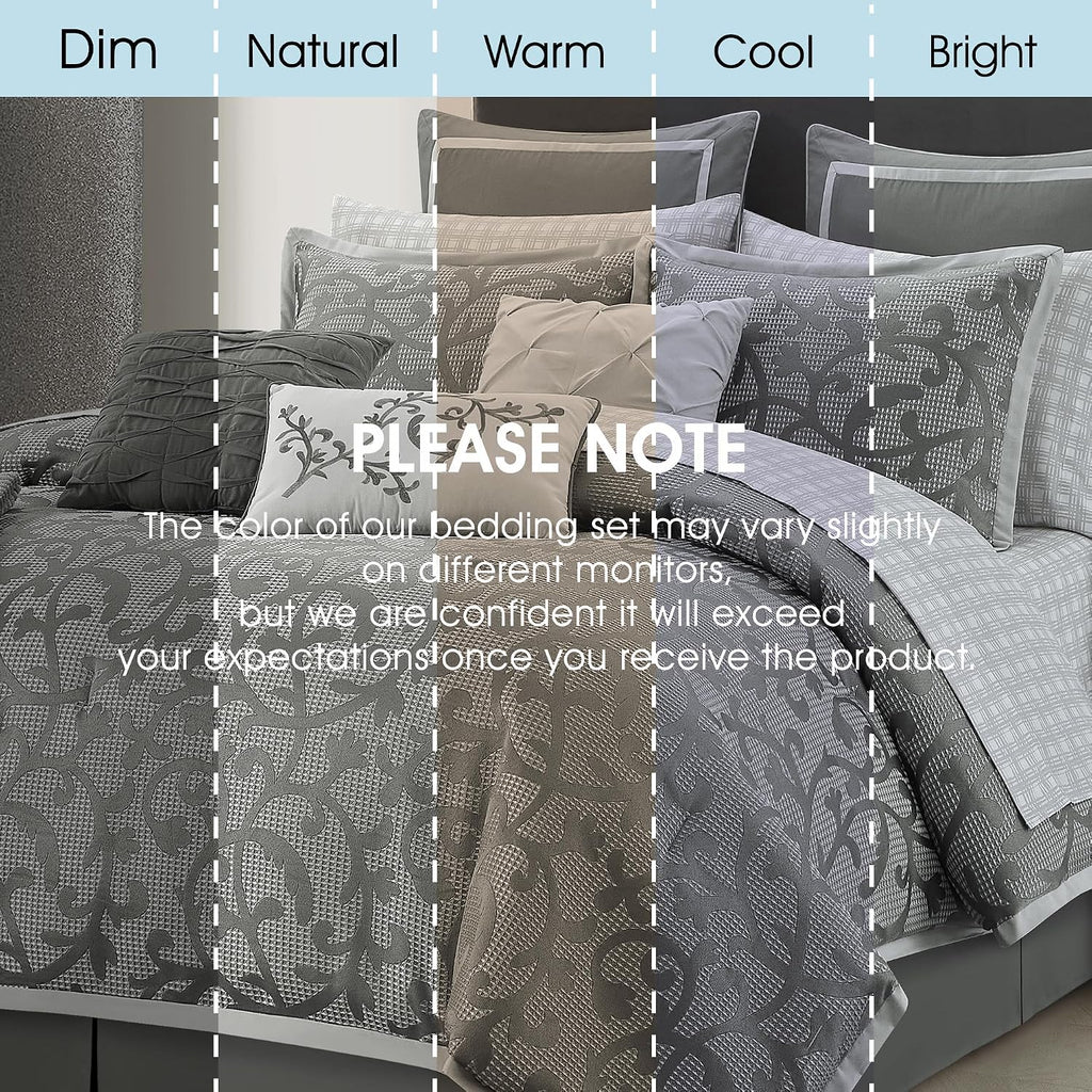 LANCO MODERN LIFESTYLE Grey King Size Comforter Set, Classic Jacquard Floral 14 Pieces Bedding Set, Ultra Soft for All Seasons, Sheets, Bedskirt, Throw, Matching Shams and Decor Pillows