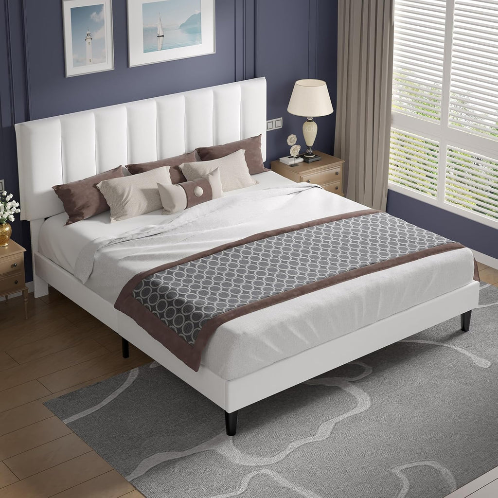 VECELO King Size Bed Frame with Upholstered Headboard, Heavy-Duty Bedframe with Strong Wooden Slats Support, No Boxing Spring Needed, Pure White