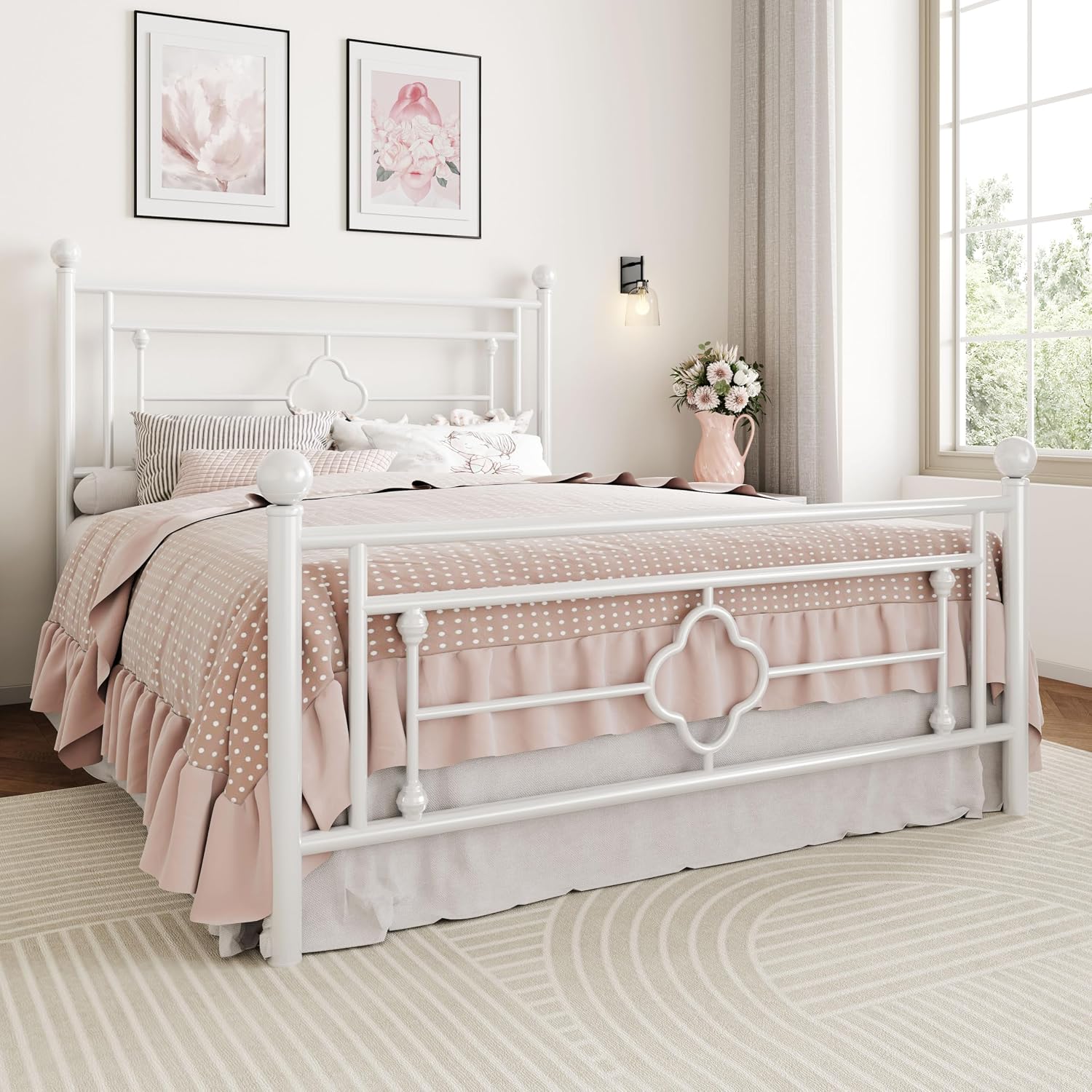 SHA CERLIN 14 Inches Queen Size Metal Platform Bed Frame/Vintage Iron-Art Headboard and Footboard/Mattress Foundation for Storage/No Box Spring Needed/Noise-Free/Easy Assembly/White