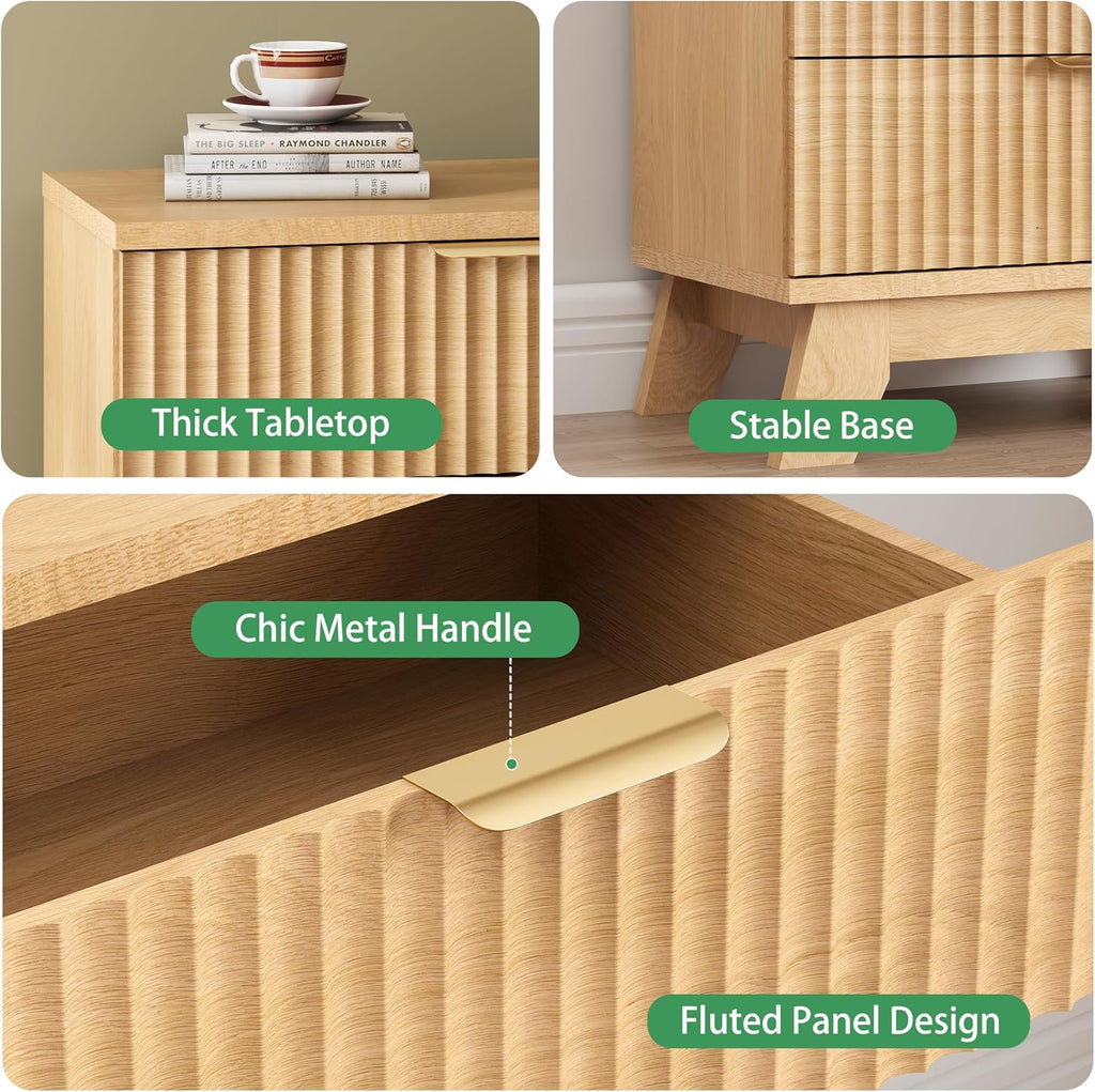 Fluted Dresser for Bedroom with 3 Drawers, 24' Wide Modern Chest of Drawers with Metal Handle, Wooden Dresser TV Stand, Wood Closet Clothes Storage Organizer for Living Room, Hallway, Natural Oak