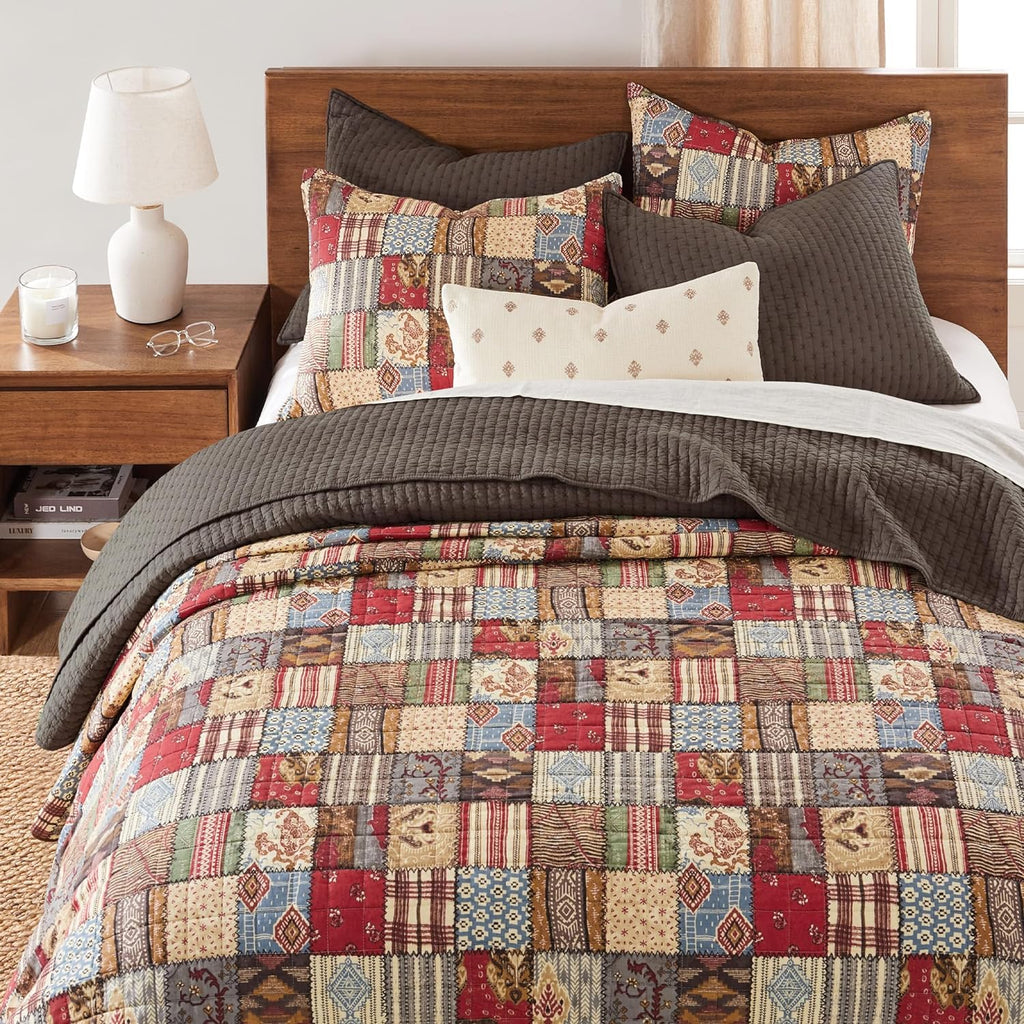 Levtex Home Cross Stitch Reversible King/Cal King Quilt Set (106x92in) with 2 Pillow Shams (36x20in) - Stitch Texture - Cocoa - Cotton King Size Quilt Bedding Set - Lightweight, Soft, Pre-Washed