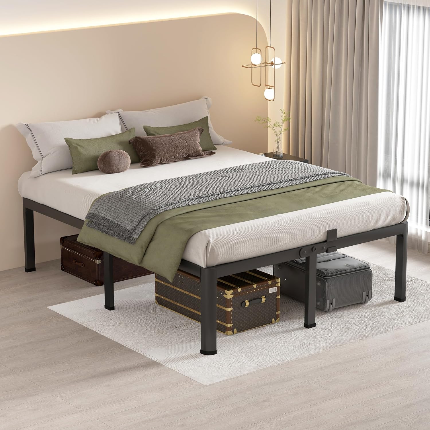MAF 18 Inch King Size Bed Frame with Round Corner Legs Mattress Slide Stopper No Box Spring Needed Heavy Duty Metal Platform Bed Frames, 3000 LBS Steel Slats Support