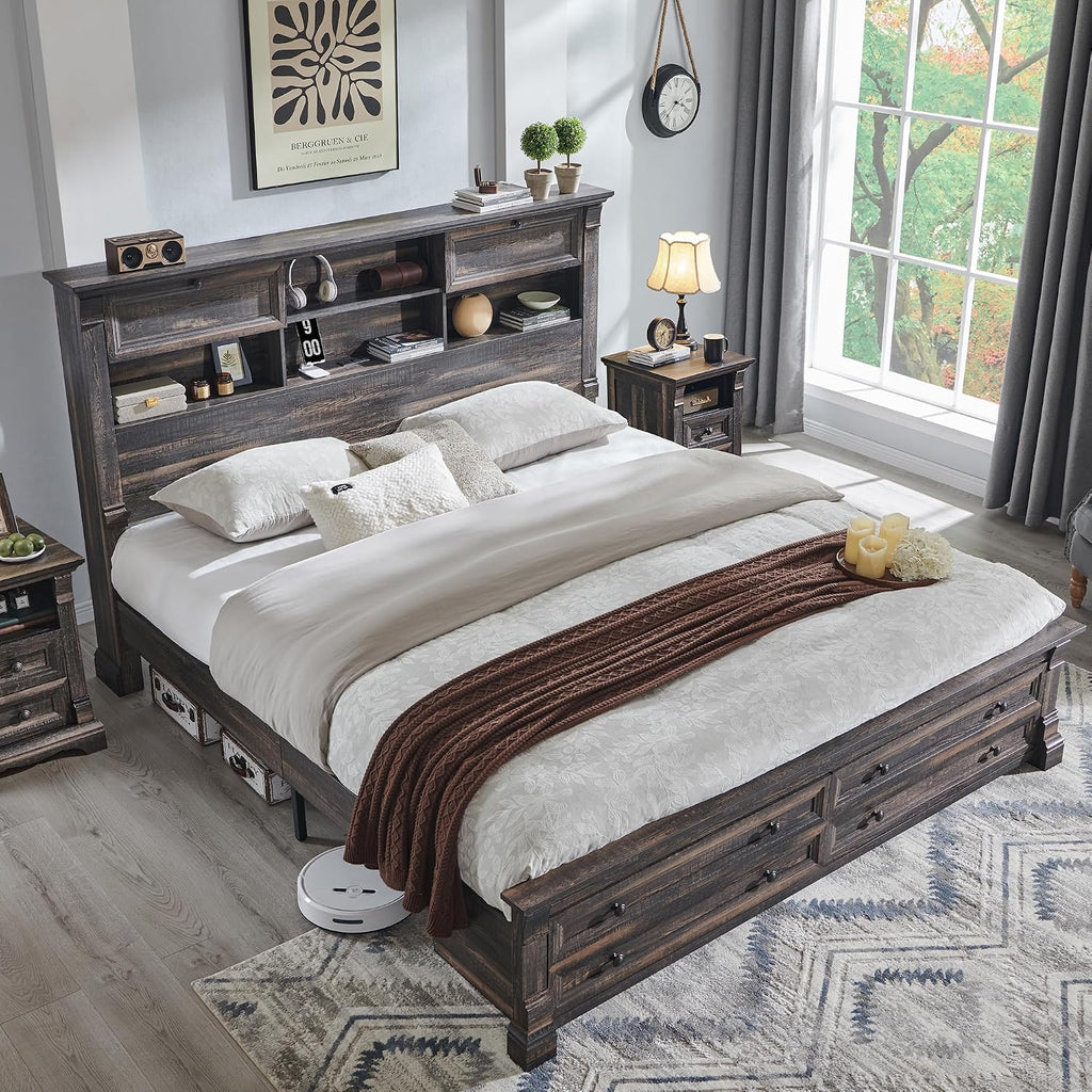 Farmhouse King Size Bed Frame with 54' Tall Storage Bookcase Headboard, Wood Platform Bed Frame with 18' Tall Roman Column Decoration Footboard & 2 Drawers, No Box Spring Needed(Dark Rustic Oak)