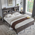 Farmhouse King Size Bed Frame with 54' Tall Storage Bookcase Headboard, Wood Platform Bed Frame with 18' Tall Roman Column Decoration Footboard & 2 Drawers, No Box Spring Needed(Dark Rustic Oak)