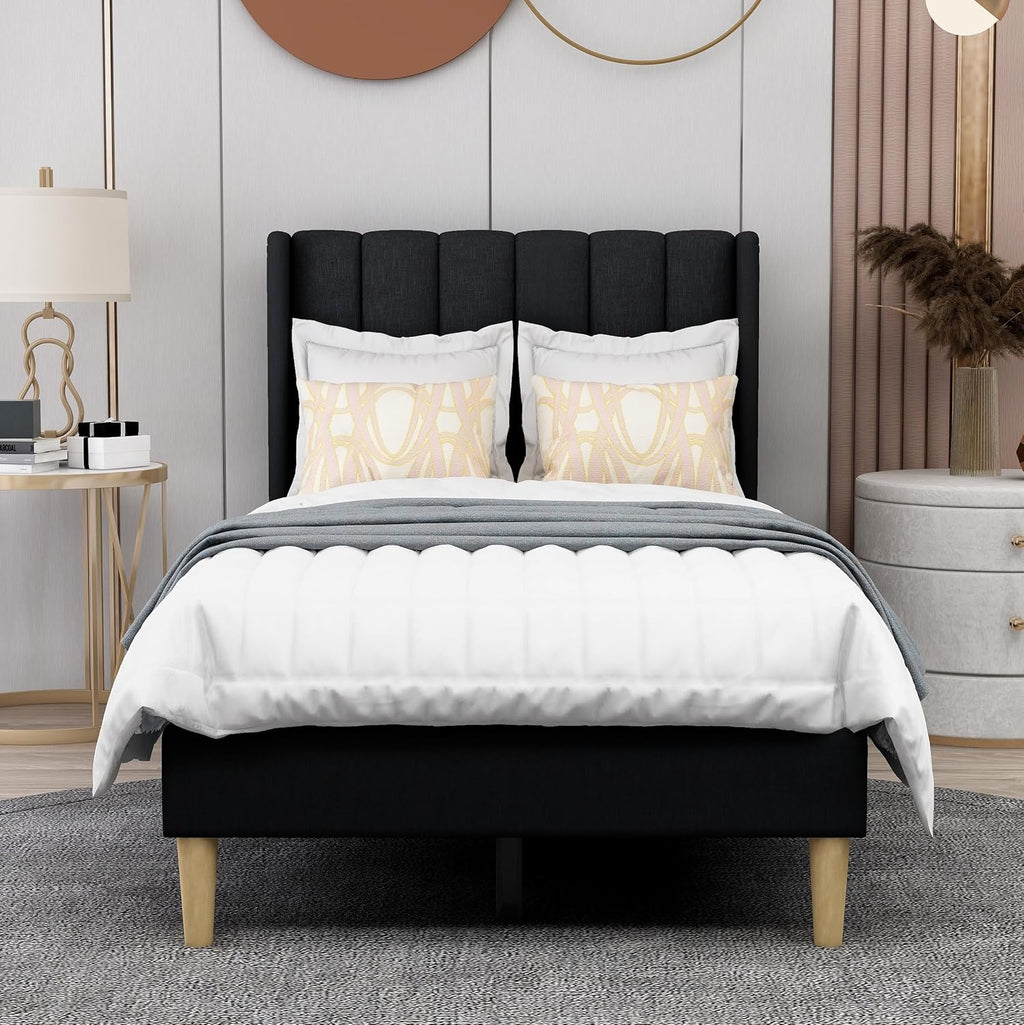 AGARTT Upholstered Platform Bed Frame Twin Size with Headboard and Footboard/Wooden Slats Support/No Box Spring Needed/Easy Assembly,Black Linen