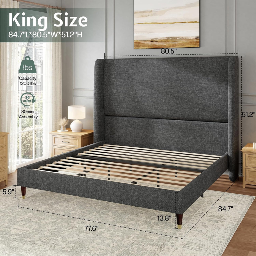 Jocisland King Size Bed Frame 51.2' Wingback Headboard Linen Upholstered Platform Bed with Solid Wood Legs & Wooden Slats, No Box Spring Needed, Modern Minimalist Style, Easy Assembly, Dark Gray