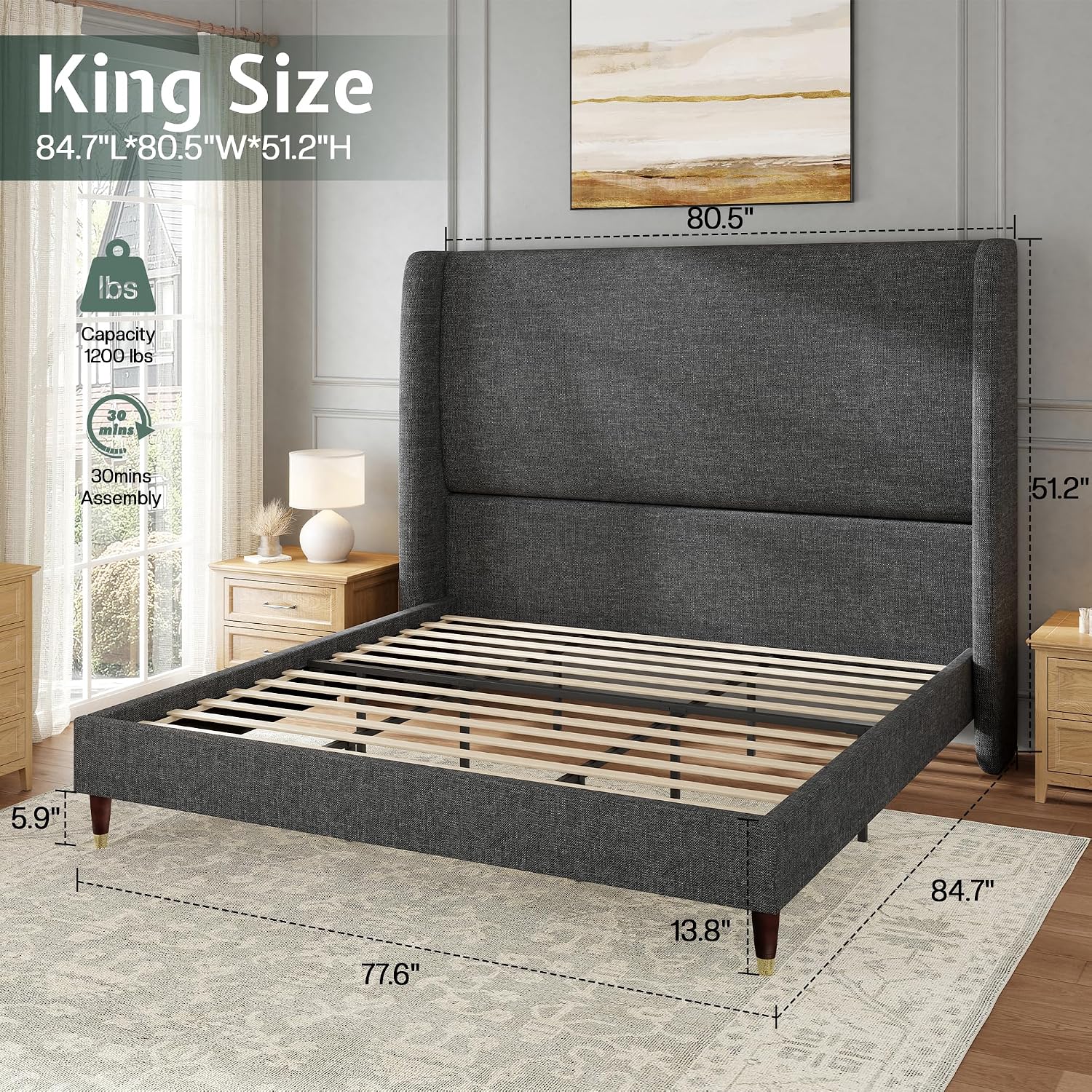 Jocisland King Size Bed Frame 51.2' Wingback Headboard Linen Upholstered Platform Bed with Solid Wood Legs & Wooden Slats, No Box Spring Needed, Modern Minimalist Style, Easy Assembly, Dark Gray
