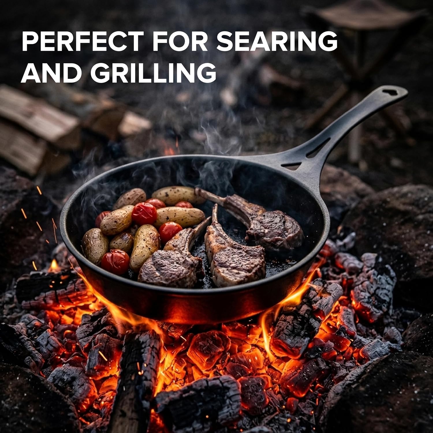 SOLIDTEKNICS 8' Outdoor Skillet Set – Naturally Seasoned Australian Iron Skillet with Lil Flippa Stainless Flipper & Mini Pan Scraper Lightweight Camping Cookware for Grill & Campfire Cooking
