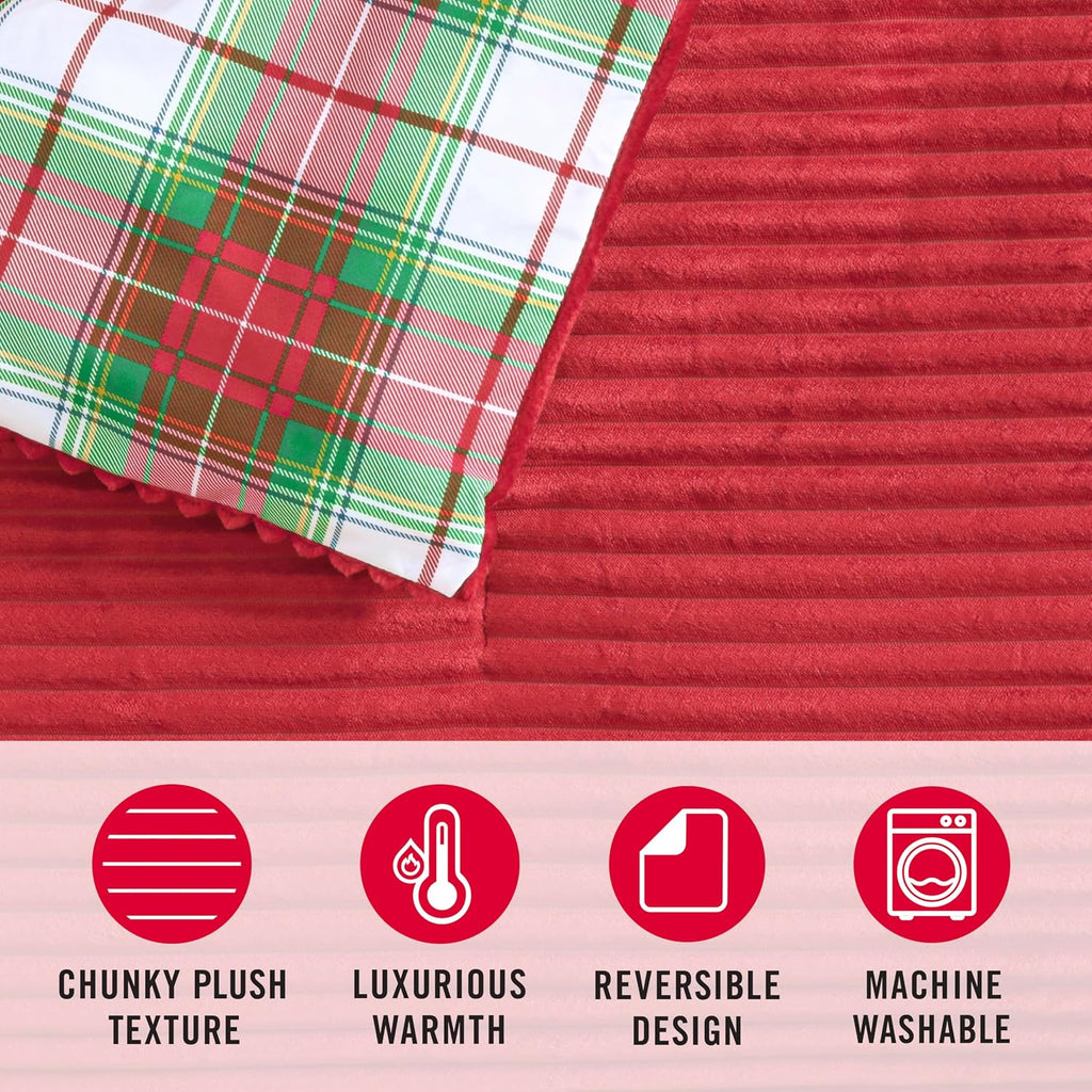 Martha Stewart - King Comforter Set in Red, Reversible, Cute, Wide Corduroy Plaid Bedding Set - 3 Pieces - All Seasons, Lightweight, Fluffy with 1 Comforter, 2 Pillow Shams,