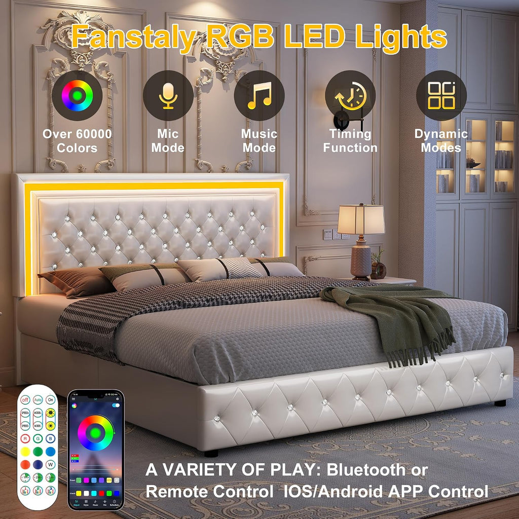 GEGOFORU King Led Bed Frame with 4 Storage Drawers, Bed Frame with Led Lights, No Box Spring Needed, 900 lbs Capacity, Easy Assembly, PU White