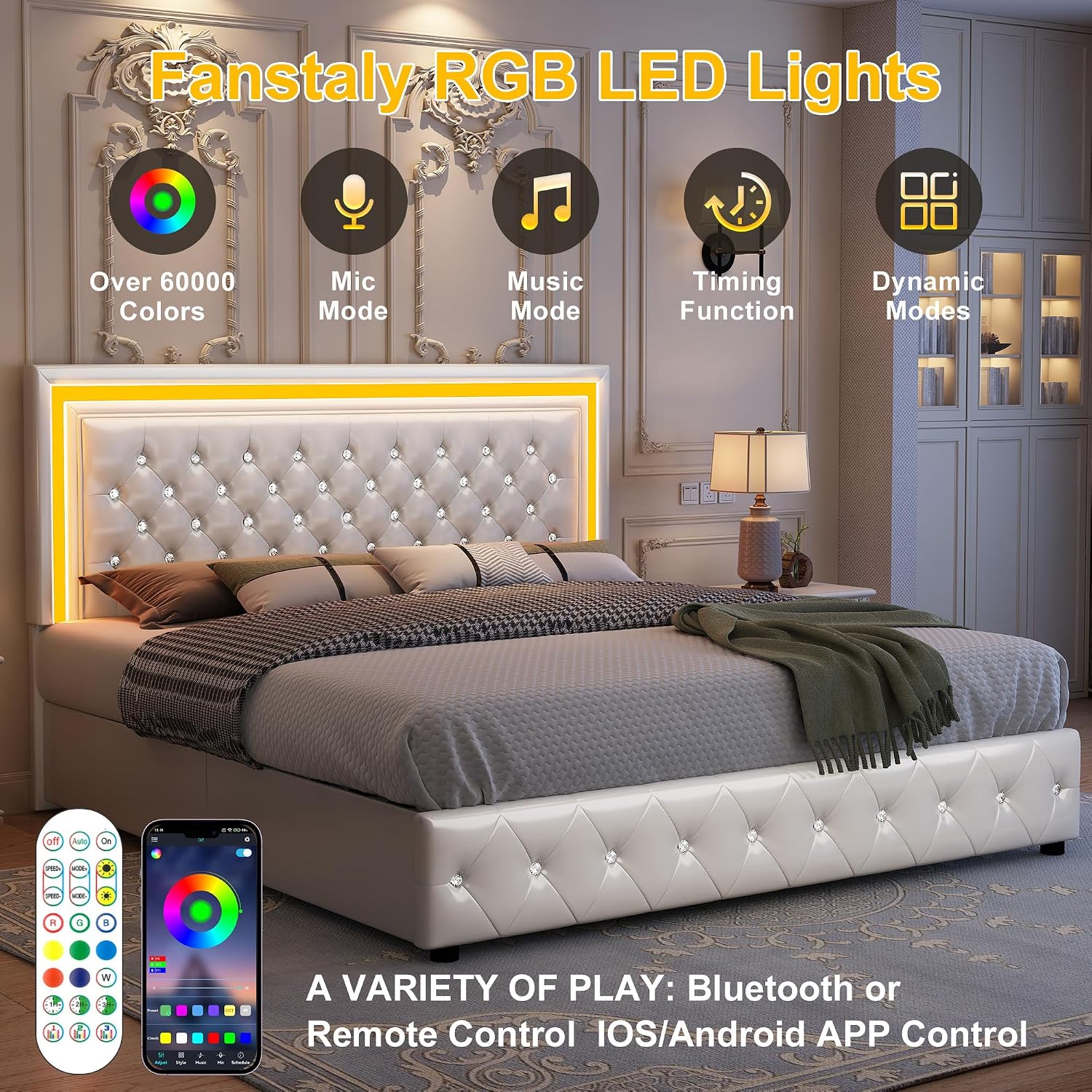 GEGOFORU King Led Bed Frame with 4 Storage Drawers, Bed Frame with Led Lights, No Box Spring Needed, 900 lbs Capacity, Easy Assembly, PU White