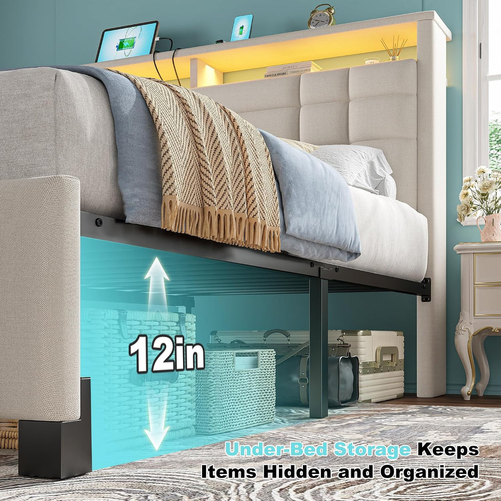 EnHomee Full Size Bed Frame with Charging Station and LED Lights, Full Bed Frame with 2-Tier Storage, Upholstered Platform Bed Frame, Sturdy Metal Slats, No Box Spring Need, Beige