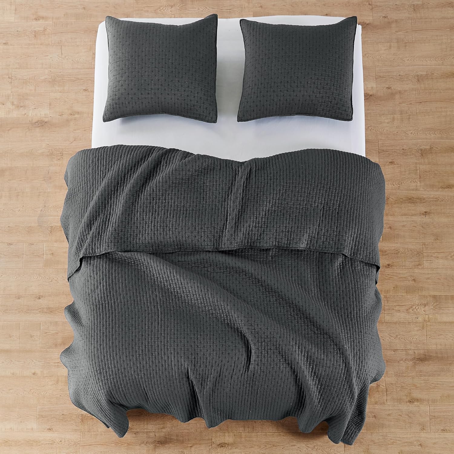 Levtex Home Cross Stitch Reversible King/Cal King Quilt Set (106x92in) and 2 Pillow Shams (36x20in) - Stitch Texture - Charcoal - Cotton King Size Quilt Bedding Set - Lightweight Soft Pre-Washed