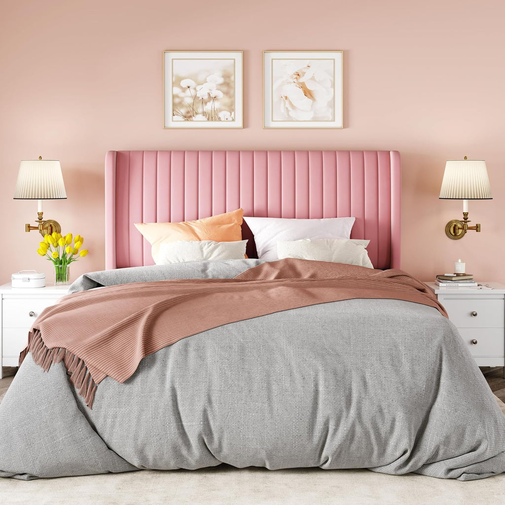 Allewie Queen Size Velvet Bed Frame/Vertical Channel Tufted Wingback Headboard/Upholstered Platform Bed/Strong Wooden Slats/No Box Spring Needed/Easy Assembly/Pink