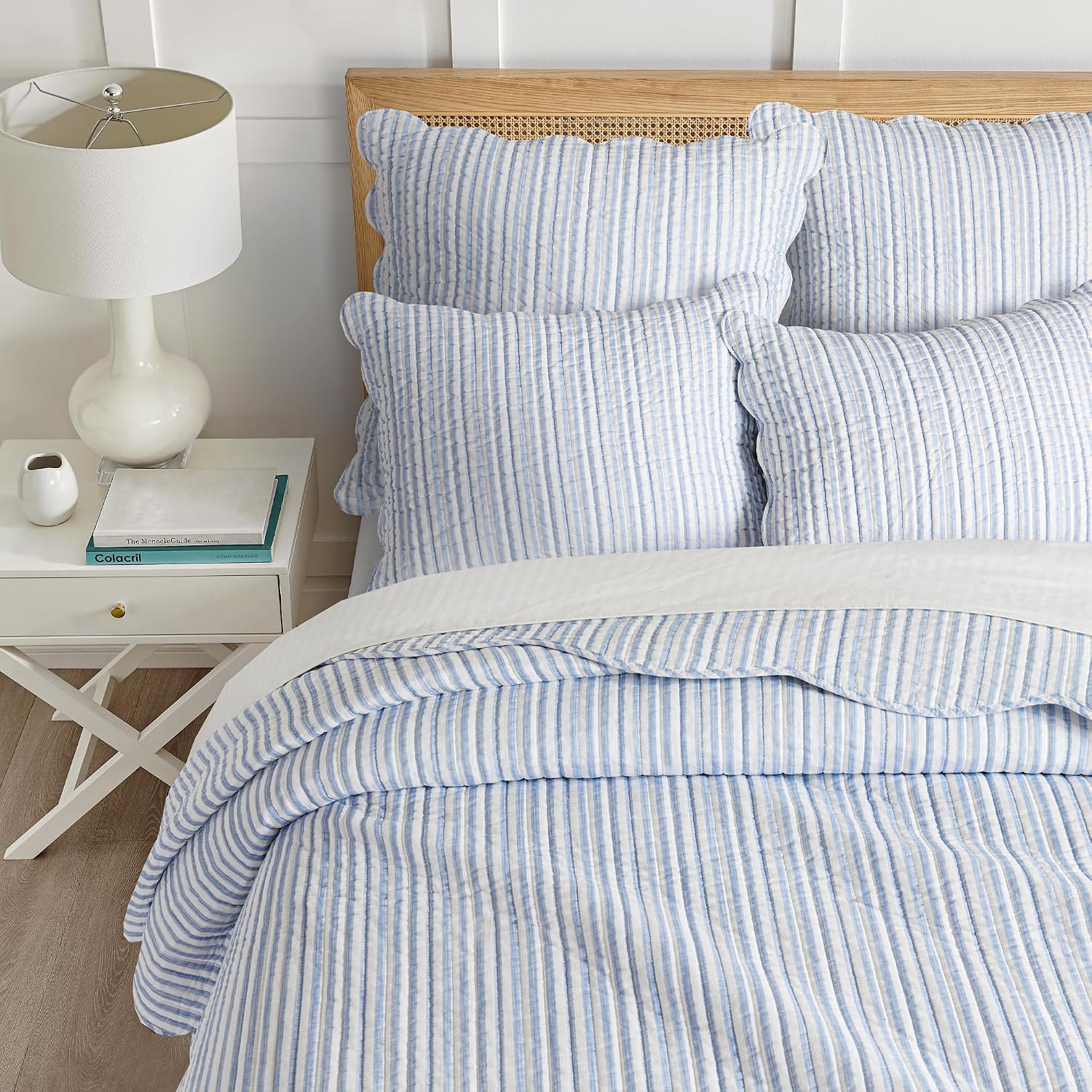 Levtex Home Martha Stripe Blue Reversible King Bedspread Set (120x106in) with 2 Pillow Shams (36x20in) - Stripe Bedding - Blue, White - Cotton King Size Bedspread Bedding Set - Lightweight, Soft