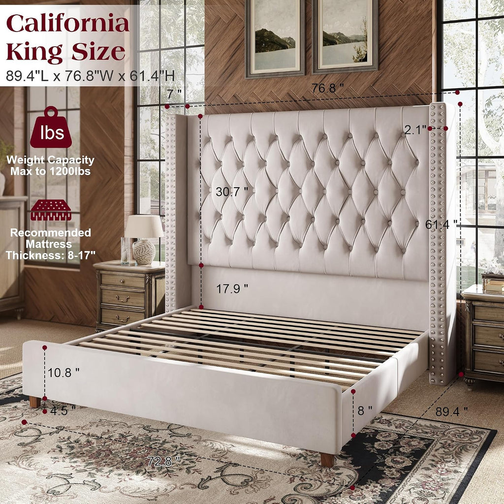 PaPaJet California King Bed Frame with 61.4' Extra Tall Wingback Headboard, Velvet Upholstered Platform Bed with Deep Button Tufting, Noise-Free Wood Slat Support, No Box Spring Needed, Cream