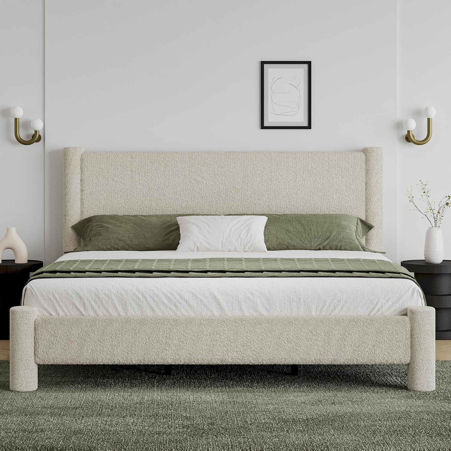 REVOMINCA King Size Bed Frame, Boucle Bed Frame with Headborad, Soft Upholstered Platform Bed Frame with Rounded Corners, No Box Spring Required, Easy Assembly, Cream
