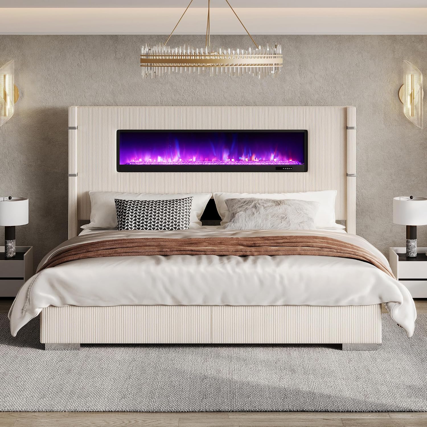 AMERLIFE Modern King Size Bed Frame with Fireplace, Corduroy Upholstered Bed Frame with 60.4' Extra Tall Headboard, Wingback Platform Bed Frame Wooden Slats/No Box Spring Needed, Beige