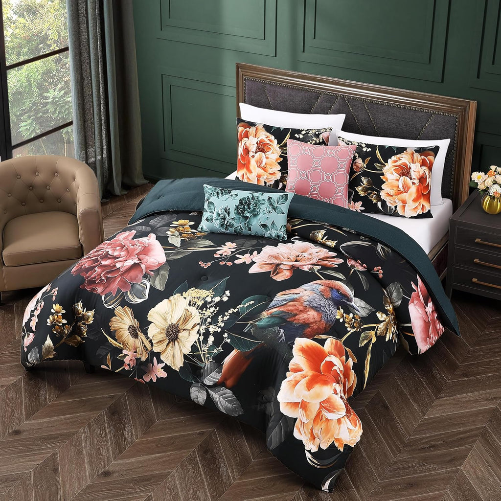 Bebejan Botanical Birds 5 Piece Comforter Set, 100% Cotton Sateen, 220 Thread Count, Black Reversible Bedding Comforter Set, 1 Comforter, 2 Shams & 2 Pillows (Full/Queen)