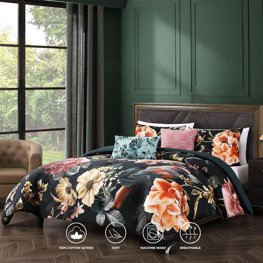 Bebejan Botanical Birds 5 Piece Comforter Set, 100% Cotton Sateen, 220 Thread Count, Black Reversible Bedding Comforter Set, 1 Comforter, 2 Shams & 2 Pillows (Full/Queen)