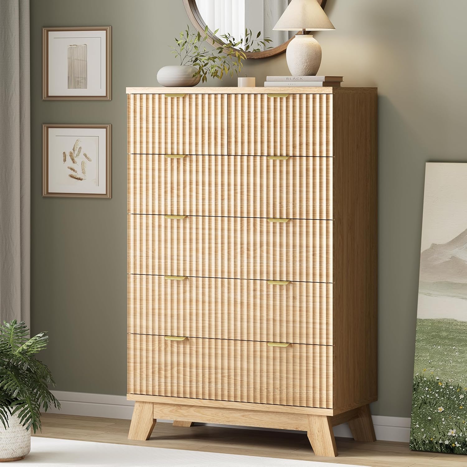 Fluted Dresser for Bedroom with 6 Drawers, 46' Tall Modern Chest of Drawers with Metal Handle, Wooden Dresser TV Stand, Wood Closet Clothes Storage Organizer for Living Room, Hallway, Natural Oak