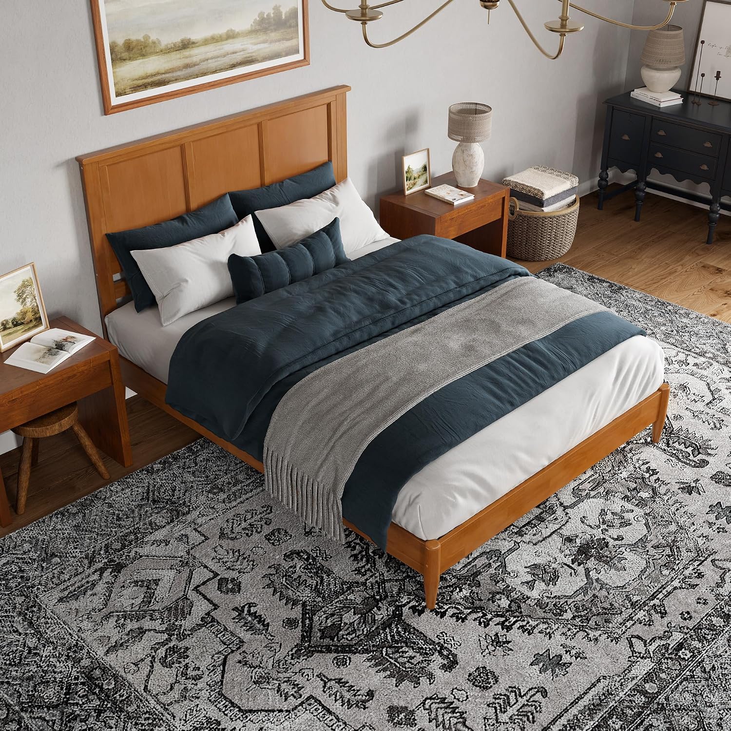 AFI, Charlotte Queen Solid Wood Low Profile Platform Bed, Light Toffee
