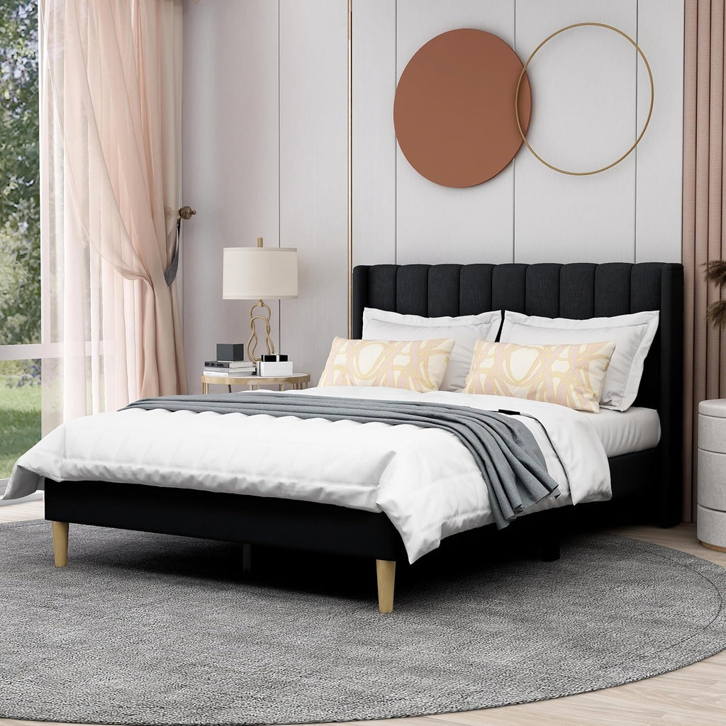 AGARTT Upholstered Platform Bed Frame Full Size with Headboard and Footboard/Wooden Slats Support/No Box Spring Needed/Easy Assembly,Black Linen
