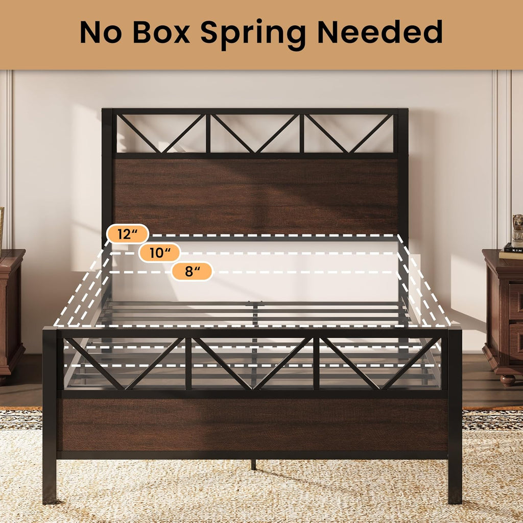 LIKIMIO Queen Bed Frame, Tall Industrial Headboard 51.2 ', Platform Bed Frame with Strong Metal Support, Solid and Stable, Noise Free, No Box Spring Needed, Easy Assembly, Dark Brown