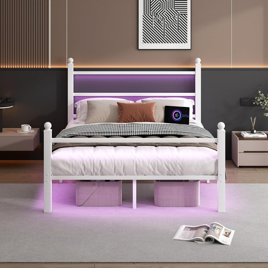 CLIBFENG Queen Size Bed Frame with Headboard and Footboard,Steel Slats Support-LED Bed Frame with USB Charging Station,Mattress Foundation-Under Bed Storage,No Box Spring Needed,Noise Free,White