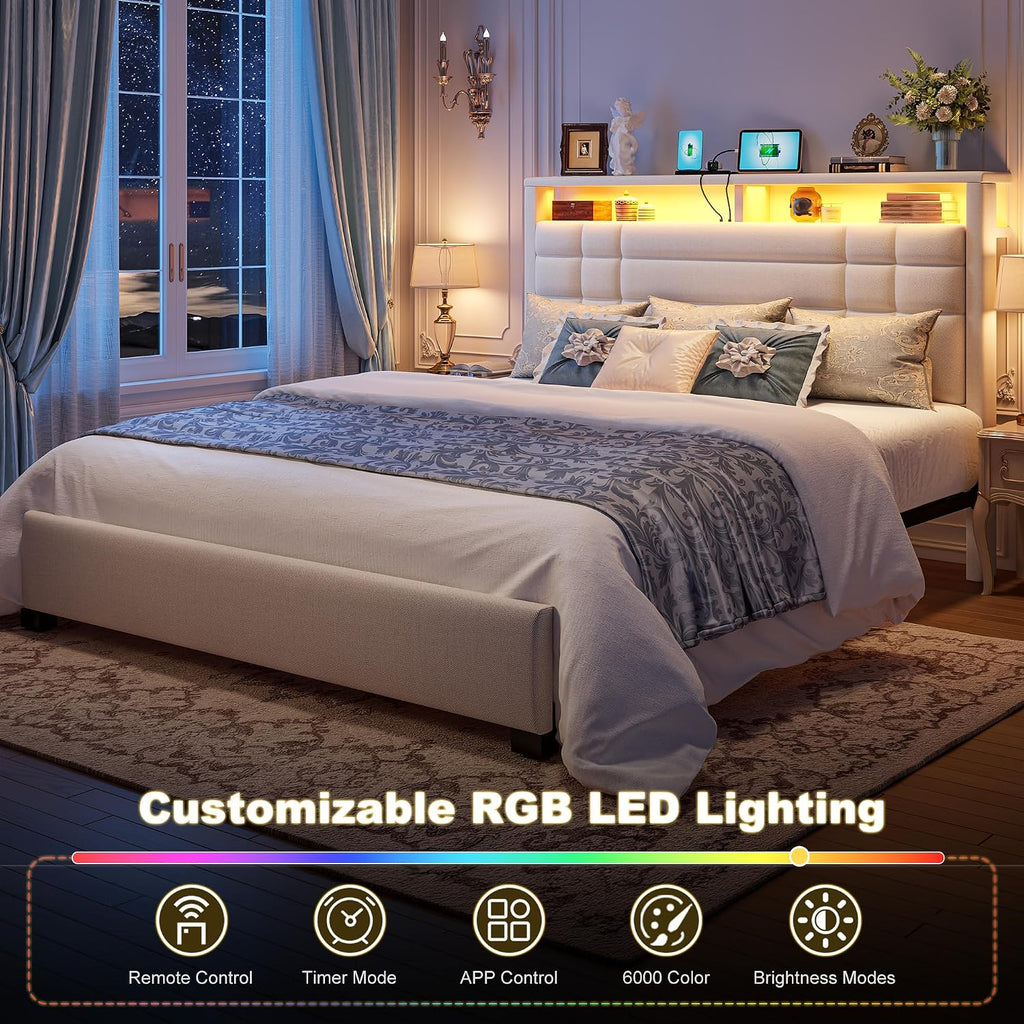EnHomee Full Size Bed Frame with Charging Station and LED Lights, Full Bed Frame with 2-Tier Storage, Upholstered Platform Bed Frame, Sturdy Metal Slats, No Box Spring Need, Beige