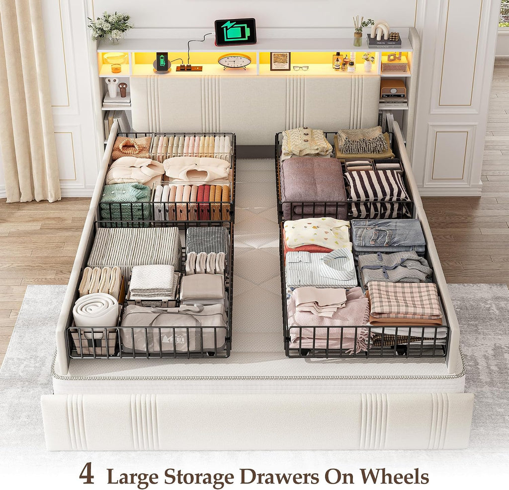 EnHomee Full Size Bed Frame with 4 Storage Drawers and Headboard Upholstered Full Bed Frame with LED & Charging Station & Shelf, No Noise, No Box Spring Needed, Beige