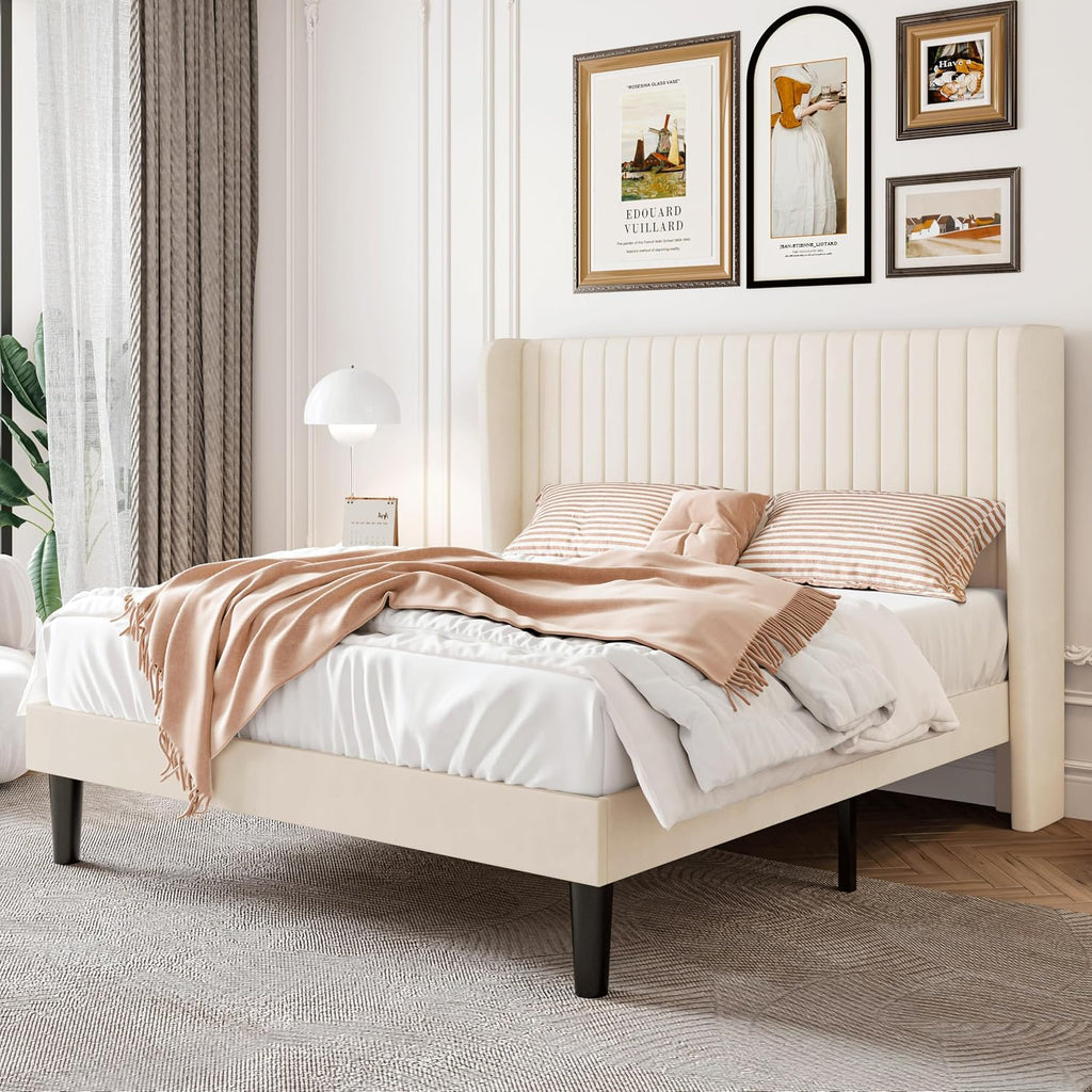 SHA CERLIN Full Size Velvet Bed Frame with Vertical Channel Tufted Wingback Headboard, Upholstered Platform Bed with Wood Slats, No Box Spring Needed, Easy Assembly, Cream White