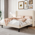 SHA CERLIN Full Size Velvet Bed Frame with Vertical Channel Tufted Wingback Headboard, Upholstered Platform Bed with Wood Slats, No Box Spring Needed, Easy Assembly, Cream White
