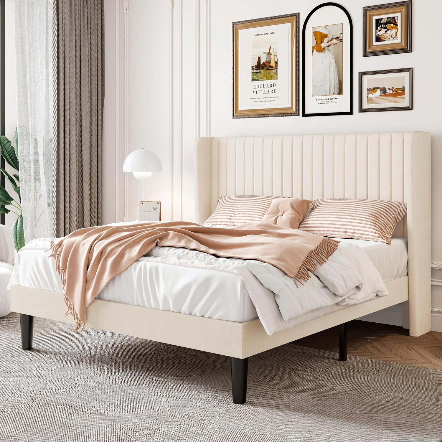 SHA CERLIN Full Size Velvet Bed Frame with Vertical Channel Tufted Wingback Headboard, Upholstered Platform Bed with Wood Slats, No Box Spring Needed, Easy Assembly, Cream White