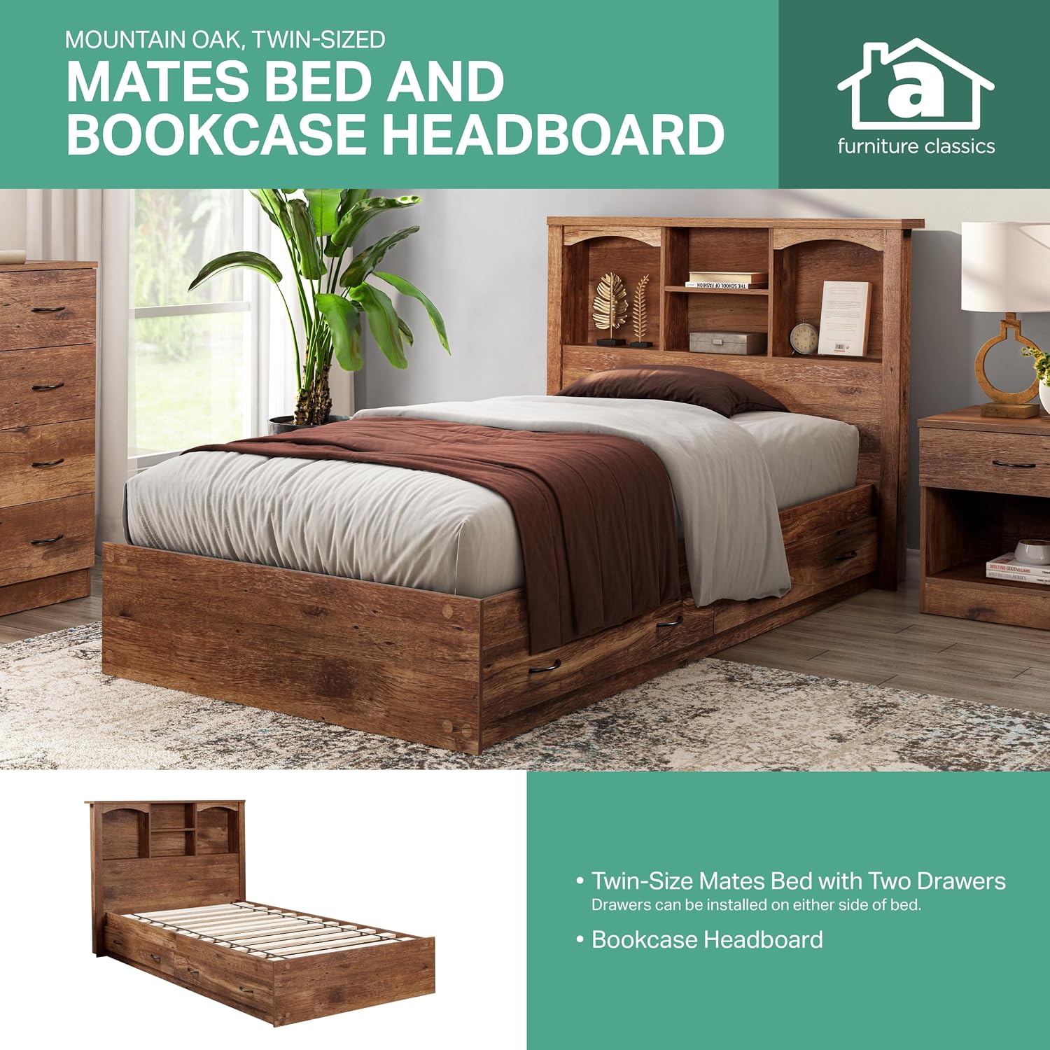 OS Home and Office Furniture Twin Sized Bookcase Headboard Platform Bed in Oak