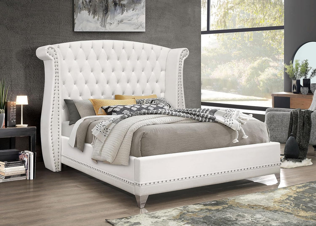 Coaster Home Furnishings - Barzini - Wood - Upholstered Platform Bed with Wingback Headboard, Button Tufting, Crystal-Like Accents, and Tapered Legs - Bedroom - Eastern King Size - White - 300843KE