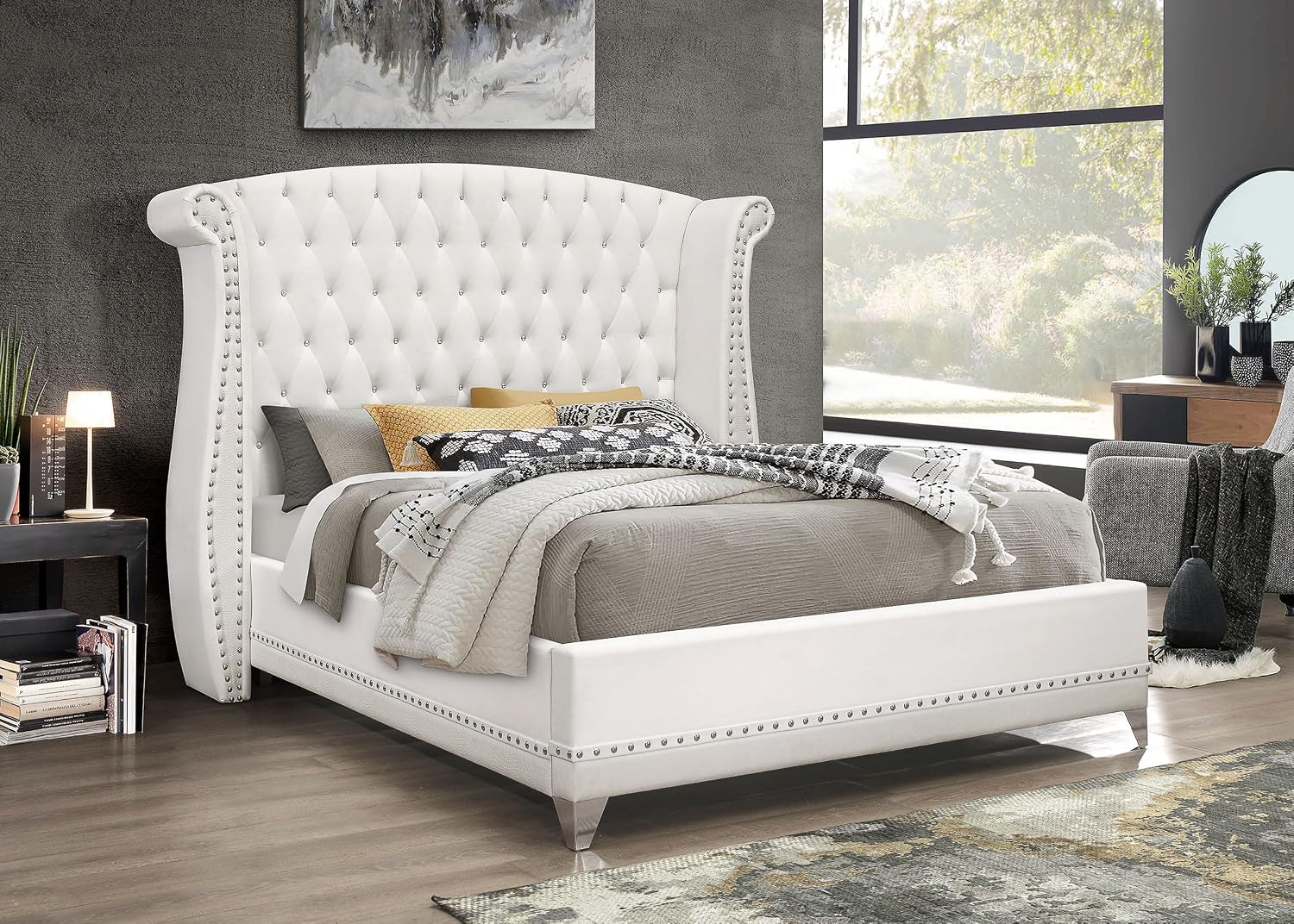 Coaster Home Furnishings - Barzini - Wood - Upholstered Platform Bed with Wingback Headboard, Button Tufting, Crystal-Like Accents, and Tapered Legs - Bedroom - Eastern King Size - White - 300843KE