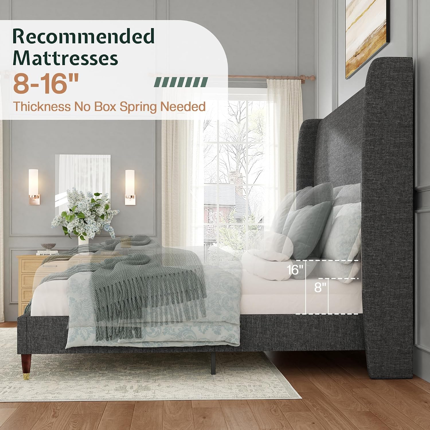 Jocisland King Size Bed Frame 51.2' Wingback Headboard Linen Upholstered Platform Bed with Solid Wood Legs & Wooden Slats, No Box Spring Needed, Modern Minimalist Style, Easy Assembly, Dark Gray