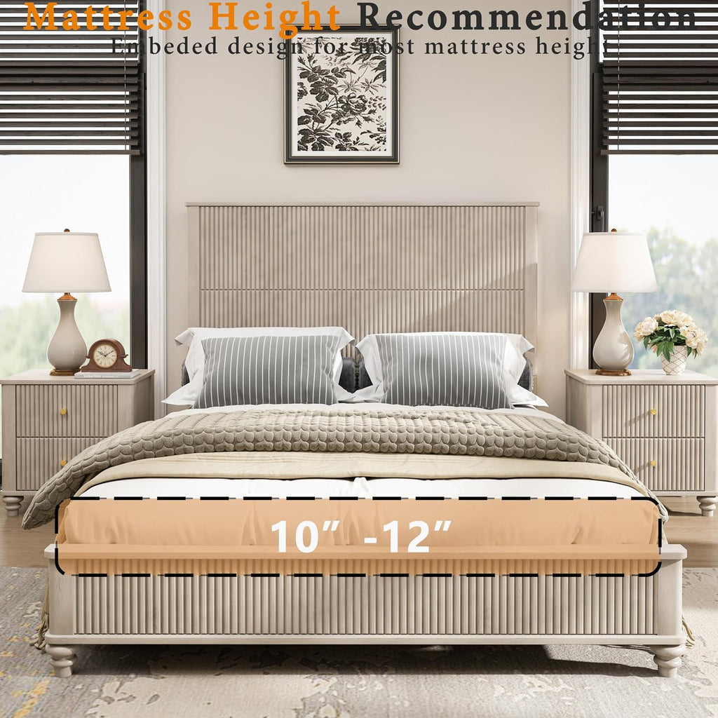Queen Size Solid Wood Platform Bed Frame, Solid Wood Bed with 63.58' Headboard, Solid Wood Leg/No Box Spring Needed/Noise Free/Beige
