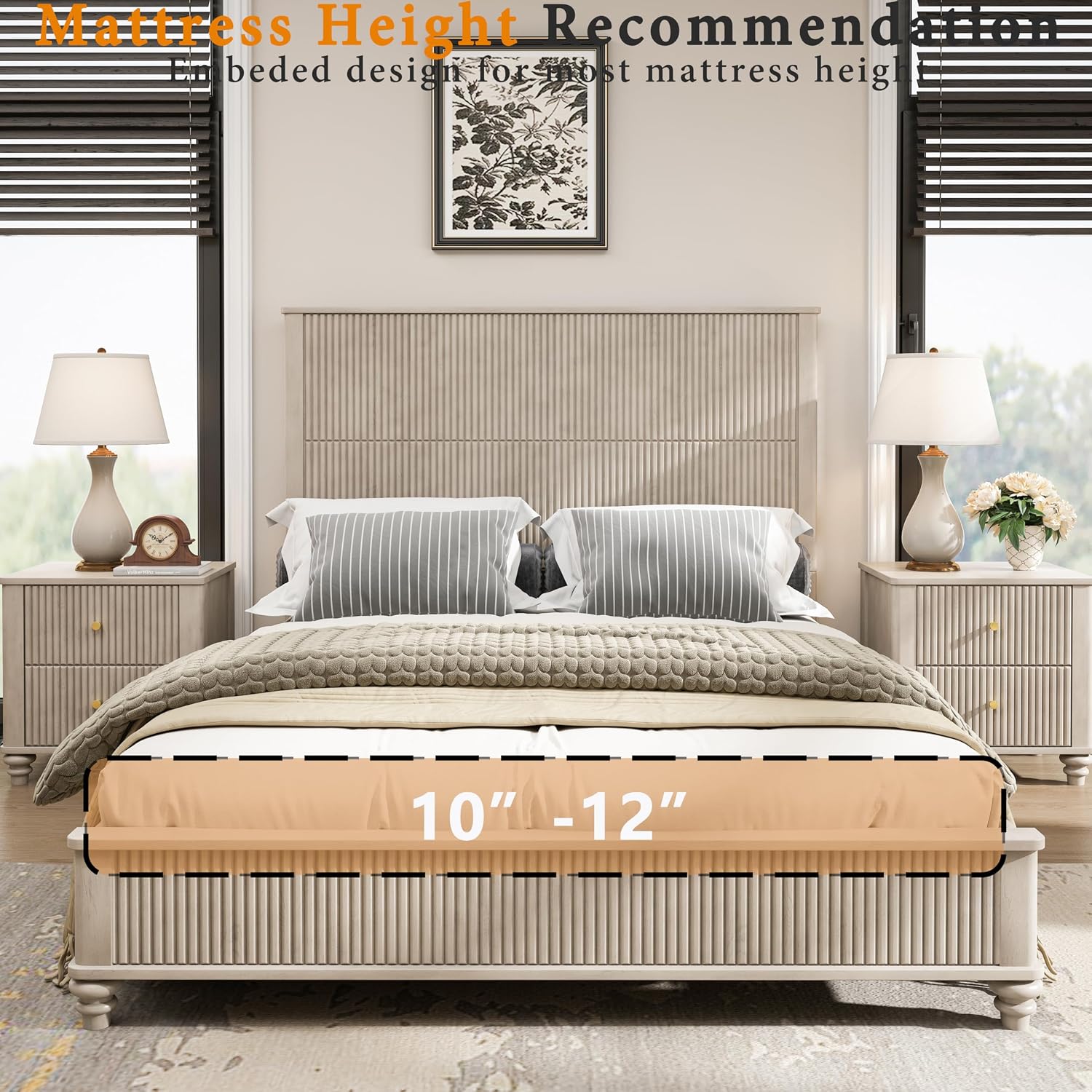 Queen Size Solid Wood Platform Bed Frame, Solid Wood Bed with 63.58' Headboard, Solid Wood Leg/No Box Spring Needed/Noise Free/Beige