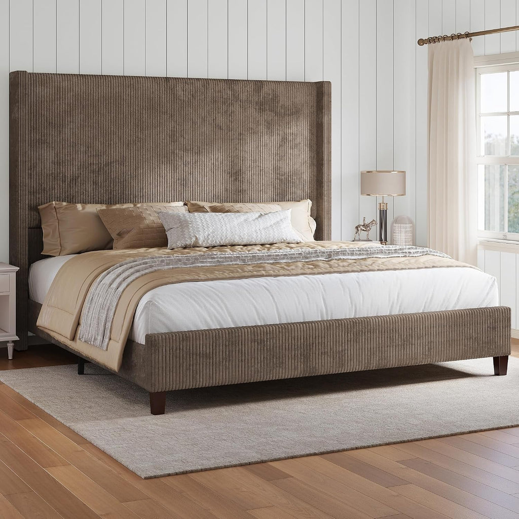 HOWE King Size Bed Frame with 61.4' Extra Tall Headboard, Corduroy Upholstered Bed with Vertical Wingback Headboard, No Box Spring Needed/Noise Free/Solid Wood Slats & Legs/Brown