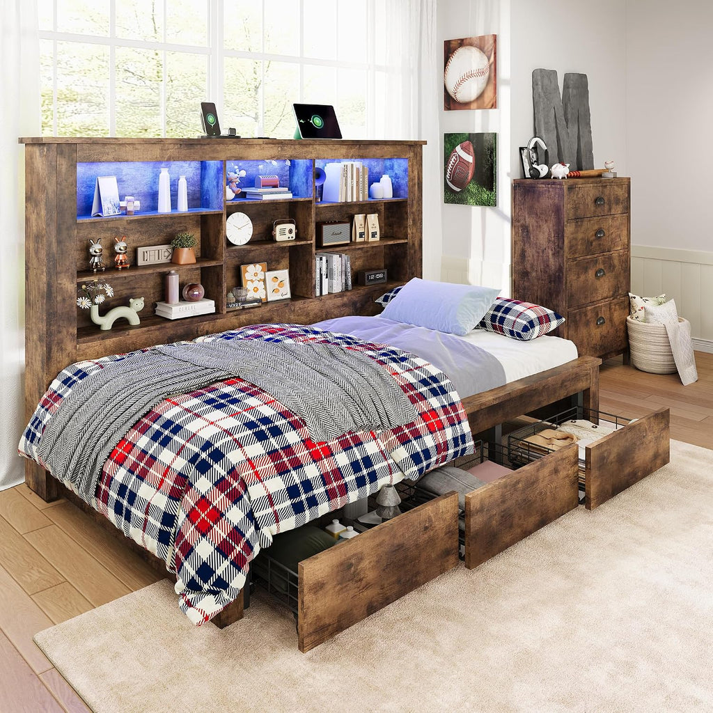 Jocisland Twin Bed Frame with Storage Drawers, Bookcase Headboard, USB Charging, RGB Lights, Farmhouse Wood Daybed No Box Spring Needed, Rustic Oak | 49' tall shelving