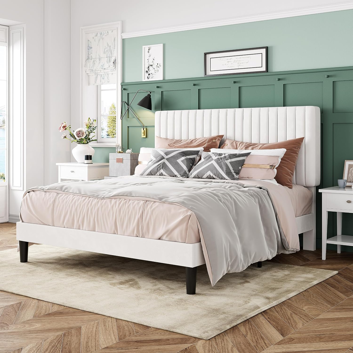 Allewie Queen Bed Frame, Velvet Upholstered Platform Bed with Adjustable Vertical Channel Tufted Headboard, Mattress Foundation with Strong Wooden Slats, Box Spring Optional, Easy Assembly, Off-White