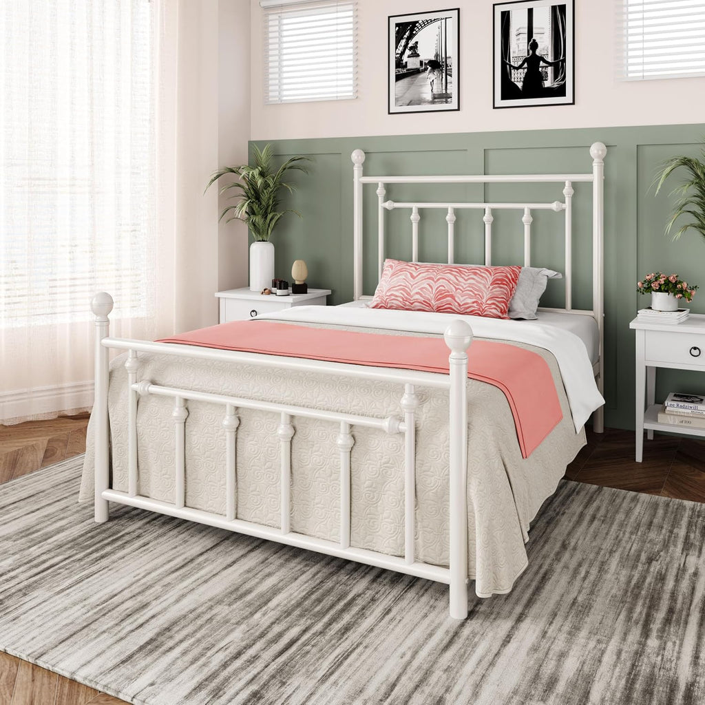 Allewie 14 Inch Twin Size Metal Platform Bed Frame with Victorian Vintage Headboard and Footboard/Mattress Foundation/Under Bed Storage/No Box Spring Needed/Easy Assembly/Noise Free/White
