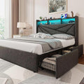 Driftalia LED Queen Bed Frame with 4 Storage Drawers, Upholstered Bed Frame Queen Size with 2-Tier Headboard and Charging Station, No Box Spring Needed, Easy to Assembly - Dark Grey