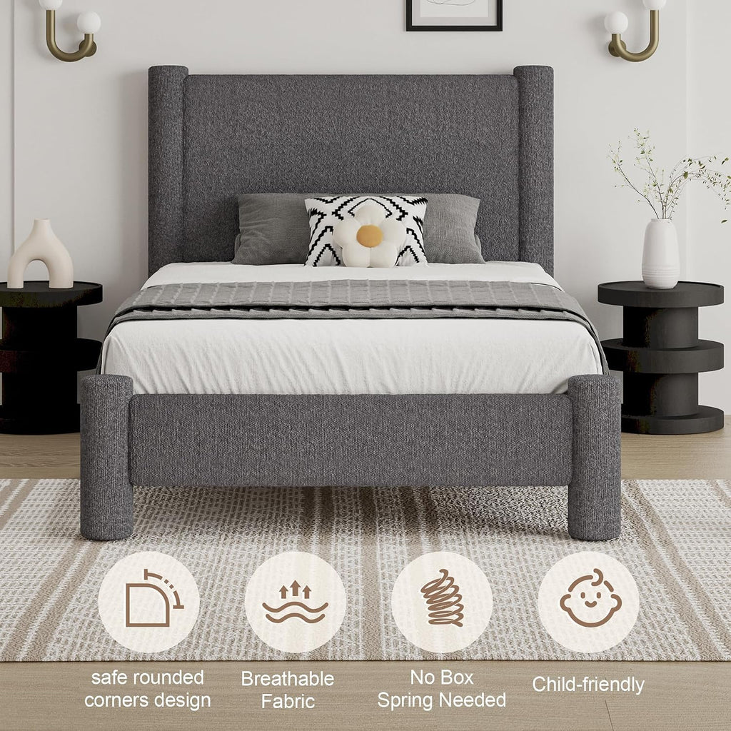 REVOMINCA Twin Size Bed Frame, Boucle Upholstered Platform Bed with Headboard and Footboard, Soft Rounded Corners, No Box Spring Required, Easy Assembly, Dark Grey