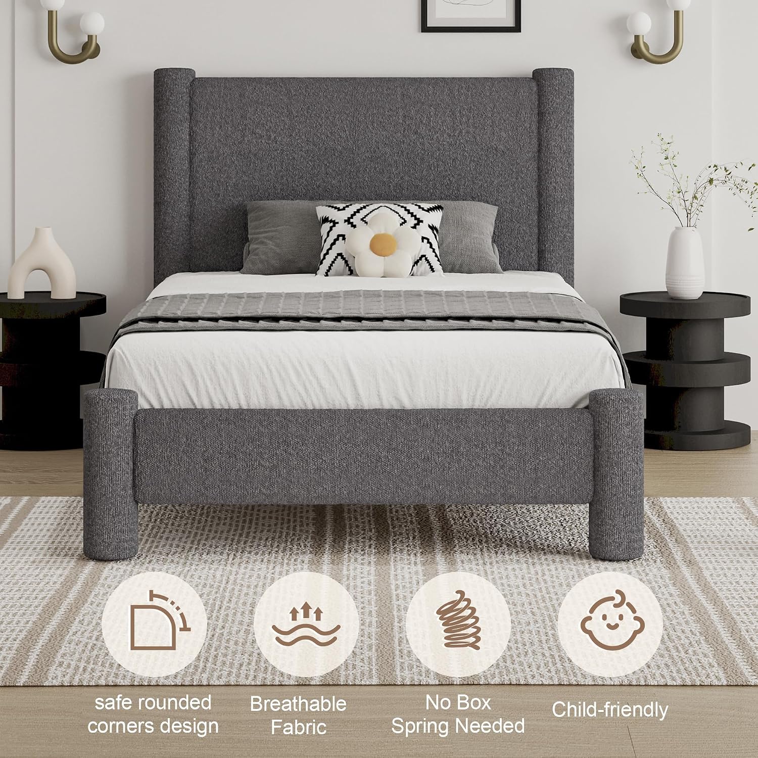 REVOMINCA Twin Size Bed Frame, Boucle Upholstered Platform Bed with Headboard and Footboard, Soft Rounded Corners, No Box Spring Required, Easy Assembly, Dark Grey