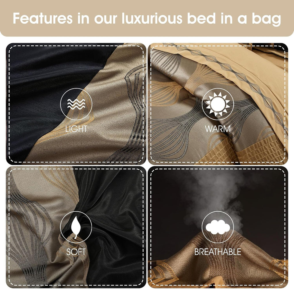 Grand Avenue Elegant Black and Gold Comforter Set, Striped, 7 Pieces Jacquard Bedding Sets with Comforter, Bed Skirt, Pillows & Shams, California King Size All Season, Lightweight Microfiber