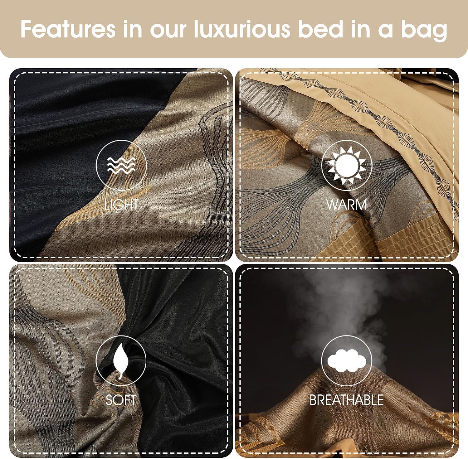 Grand Avenue Elegant Black and Gold Comforter Set, Striped, 7 Pieces Jacquard Bedding Sets with Comforter, Bed Skirt, Pillows & Shams, California King Size All Season, Lightweight Microfiber